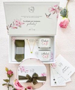 Caixa Completa Padrinhos/Pais 25X15 (Cartonagem) – Xícaras- -Gravata – Pulseira- Casal